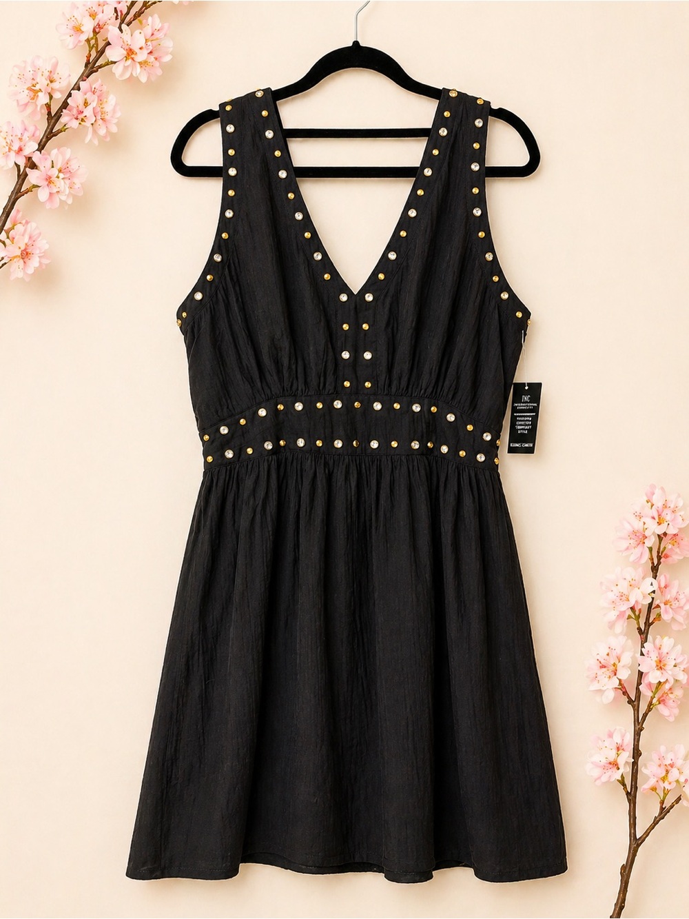 Boston Proper Black Studded Dress Gold Rhinestone Embellished Boho Chic Size M